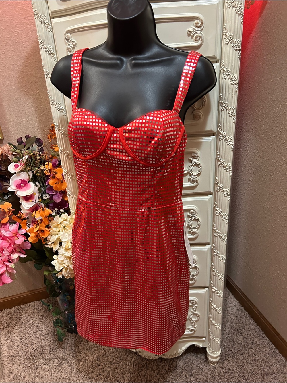 Red Sequin Bustier Homecoming Dress